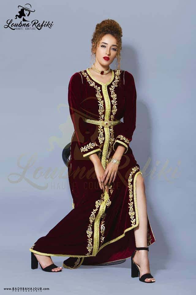 Caftan Traditionnel Marocain Bordeaux  كفتان تقليدي مغربي مصنوع يدويًا، بلون البوردو