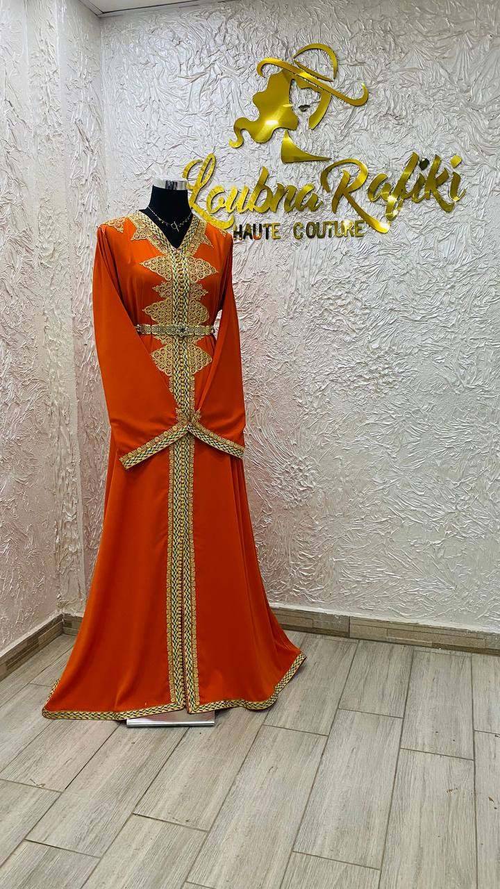 Caftan Marocain Rouge Clair Doré