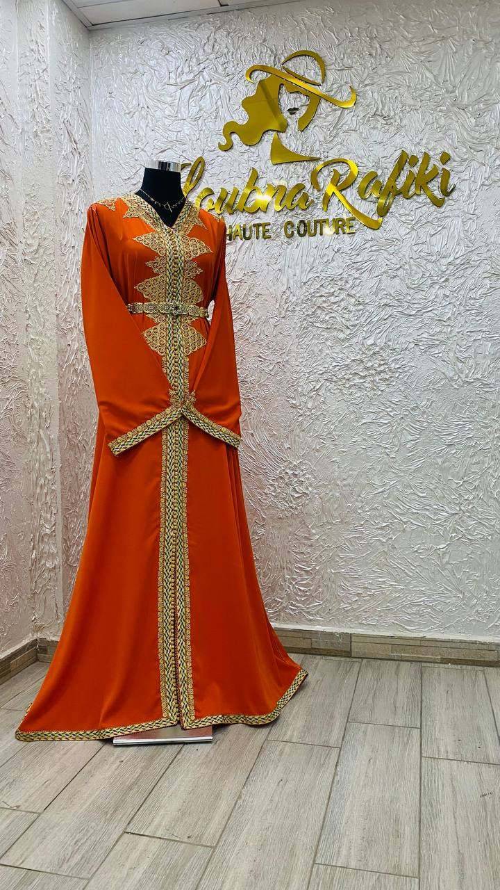 Caftan Marocain Rouge Clair Doré