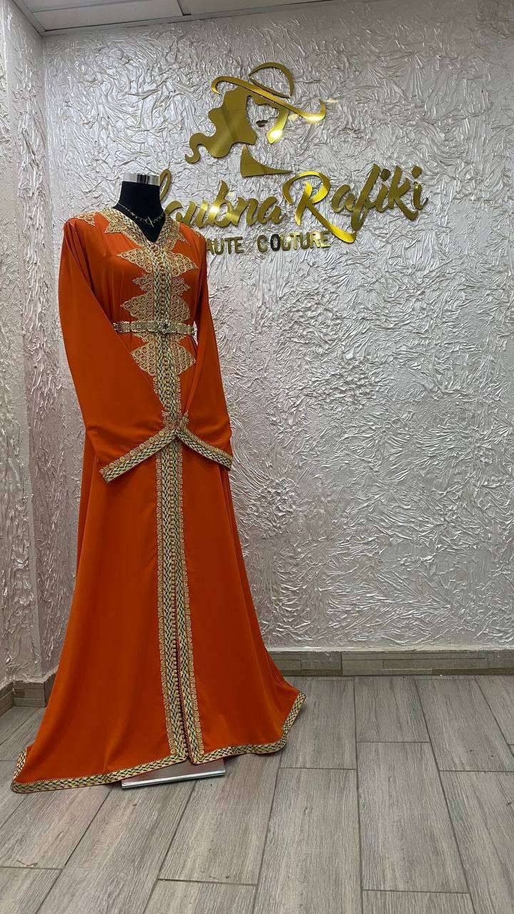 Caftan Marocain Rouge Clair Doré